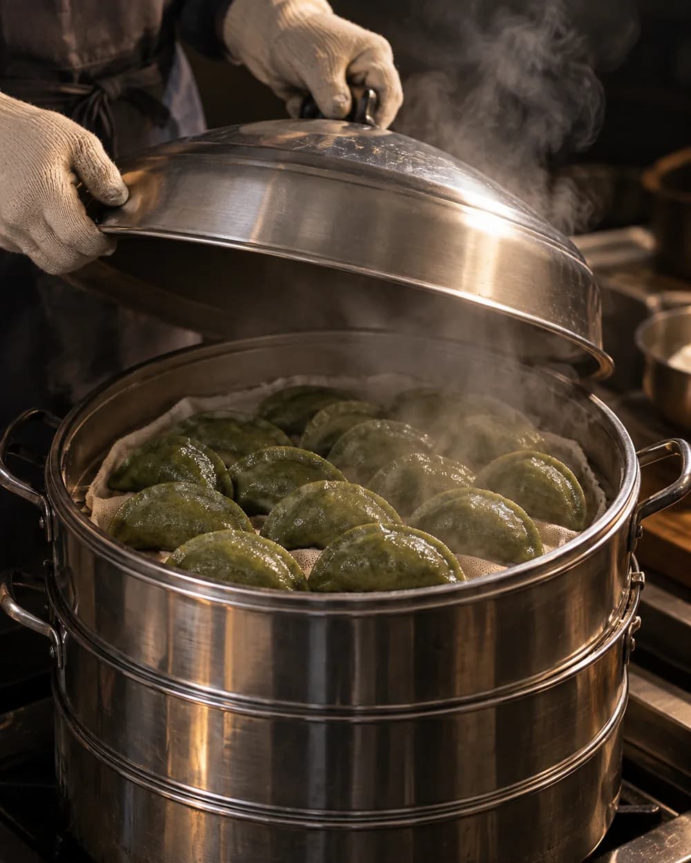 김이 오르는 찜기에서 송편을 찌는 모습 — AI 연출 이미지
